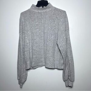 Shein Women's Pullover Sweater Sz M Gray Ribbed Knitted Mock Neck Balloon Sleeve